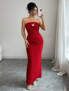 Xyvia Strapless Bright Red Textured Jacquard Knit Bowknot Elastic Fitted Bodycon Dress, French Elegant Metal Buckle Waist Cinching Slimming Sexy Vacation Dress For Women Tube Top Dress Strapless Maxi Dress Long Bodycon Dress Long Red Dress Women - Red - View 5