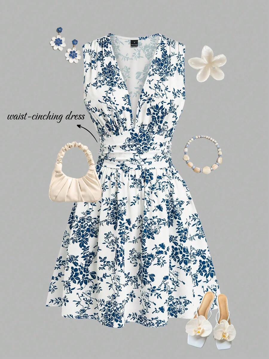 Qadelle Women's Woven Printed Summer Dress For Vacation - Blue - View 1