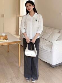 少女白色条纹翻领半袖灯笼袖宽松衬衫，休闲甜美风格，适合春、夏、秋季，母亲节、毕业季等场合，也适合春夏日常、外出、度假、节日穿着，时尚少女，休闲百搭，新款，返校季、休闲、开学季等场合皆宜。 - 彩色 - 查看 7