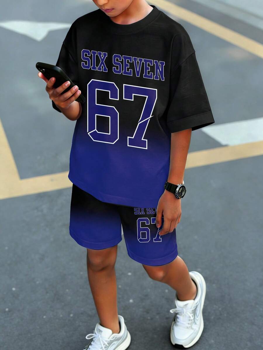 2pcs/Set Boys' Casual Creative Graphic Number 67 & Letter Print Short Sleeve T-Shirt And Shorts, Comfortable Daily Wear For Spring, Summer & Autumn - Multicolor - View 1