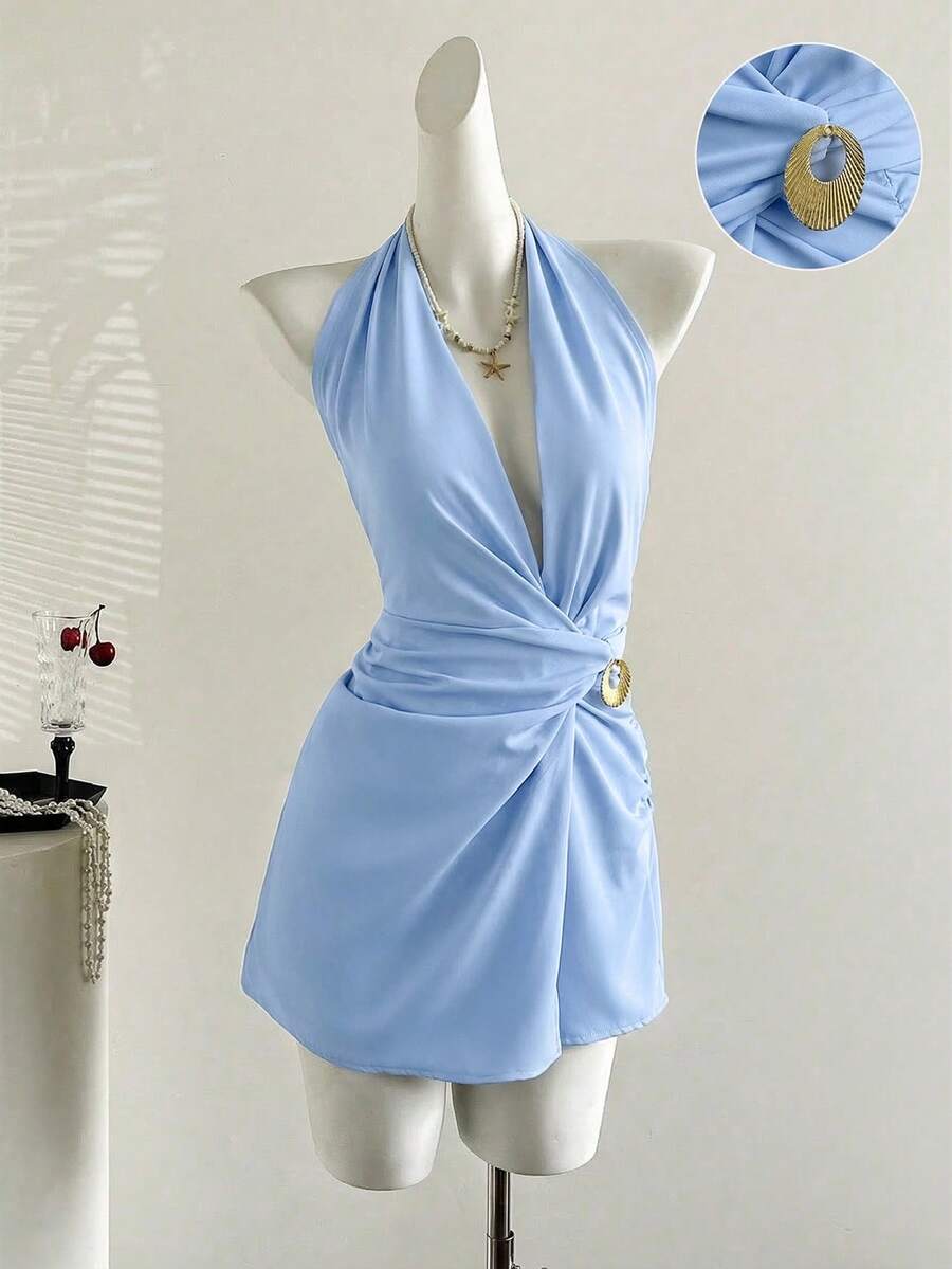 Sweetra European And American Style Solid Color Halter Neck Dress, New Arrival Summer Sexy Backless Fitted Slim Dress - Blue - View 1