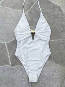 Swim Chiccia Costume da bagno intero elegante per donna in tessuto tinta unita con decorazione in metallo, design per vacanze - Bianco - Visualizzare 5