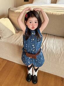 DAZY 女童五角星图案单排扣背心和牛仔短裤套装 - 藍色 - 查看 5