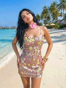 Sweetina 2026 Nuevo Llegado Vestido mini ajustado con tirantes finos, espalda descubierta, estampado de leopardo y lentejuelas, estilo Y2K sexy y de moda, para salir, vestido de playa, conjunto de vacaciones floral para mujer, vestido de verano, vestido de playa, vestidos florales, vestidos de verano para mujer - Multicolor - Ver 4