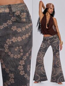 ROMWE Quần jeans ống loe dáng ôm dành cho nữ, phong cách retro Y2K Millennium Baddie, họa tiết hoa cổ điển bạc màu. - màu nâu - Xem 7