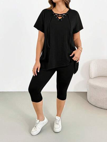 SHEIN Essnce Plus-Size Women's Spring/Summer Fashionable Casual High-Elasticity Comfortable Everyday Basic Versatile Short-Sleeved Loose Top And Skinny Jeans Black Two Pieces Set,Summer Clothes,Airport Outfits,Simple Style,Work Set