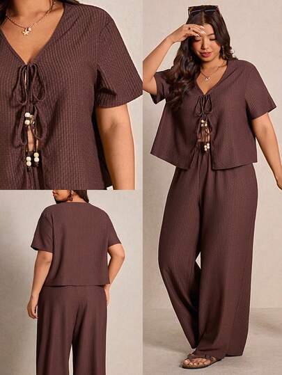 Elaquor Plus Size Solid Color V-Neck Twist Front Short Sleeve Top And Pants Casual 2 Piece Set, Summer Outfits