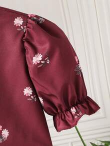2pcs/Set Tween Girls Floral Print Petal Sleeve Shirt & Asymmetric Button Skirt, Comfortable For Vacation Or Daily Wear, Spring/Summer - Burgundy - View 5