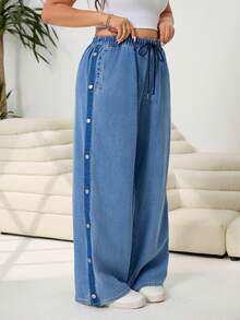 Solflare Plus Size Women Blue Summer Casual Everyday Wide Leg Jeans,Drawstring Elastic Waist Side Button Design Loose Denim Pants,Chic Y2k Streetwear Costume - Blue - View 5