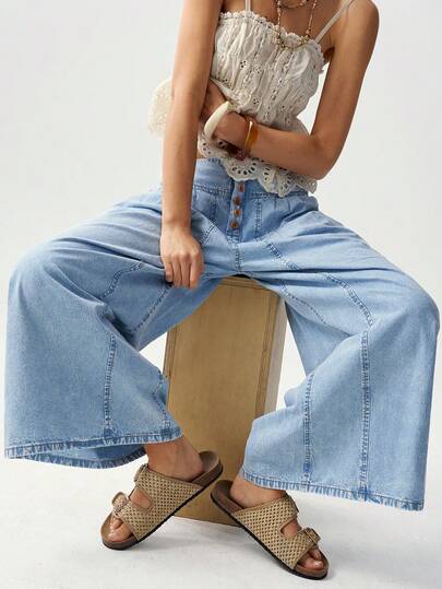 Bohemela 女士休闲纯色梭织宽松阔腿水洗裤