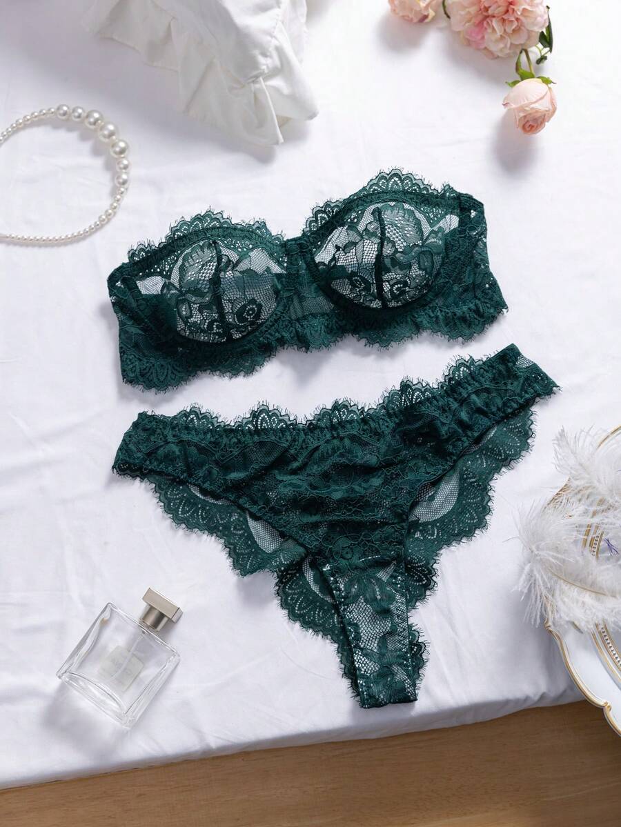 SHEIN 2pcs Women Lace Lingerie Set - Dark Green - View 1