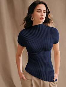 Anewsta 新款春夏修身立领独特青春通勤百搭优雅简约短袖针织衫 - 藏蓝色 - 查看 3