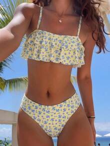 Swim Mod 2026春夏新款女士泳装上市，适合度假、约会、西部风情、邮轮、海滩、海岛、公路旅行、四季皆宜、音乐节、波西米亚风度假、秋日休闲波西米亚Y2K褶皱短裤、优雅复古休闲碎花蕾丝可爱甜美复古休闲度假海滩女士泳装套装、荷叶边比基尼套装、碎花比基尼两件套泳衣、夏季套装、碎花比基尼沙滩两件套、夏季两件套、两件套女士度假泳衣、女士两件套泳衣、碎花两件套泳衣、黄色碎花两件套泳衣、黄色两件套比基尼、黄色泳装、黄色套装、黄色高腰比基尼、黄色碎花比基尼、女士两件套泳衣、女士泳衣春夏精选、女士海滩装扮、Y2K泳装 - 彩色 - 查看 1