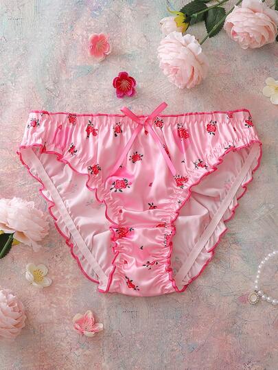 Ropa interior con estampado floral en forma de corazón, contraste de color, encaje floral, satén, volante en el bajo, recorte plisado, decoración de lazo, estilo pastoril, romántico, espalda abierta, regalo romántico para mujeres
