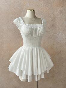 Elamini 春夏休闲度假方领收腰棉质白色连衣裙（女款） - 白色 - 查看 5