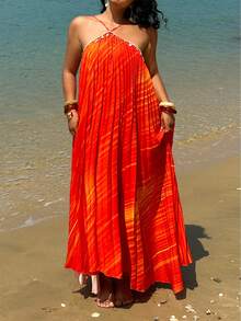 Sunnyshic Đầm dạ hội xếp ly kẻ sọc cổ yếm dành cho nữ cỡ lớn - Màu Cam cháy - Xem 4