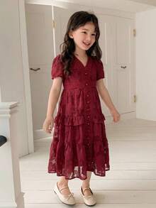 DAZY Girls Floral V-Neck Ruffle Trim Dress, Young Girl Fall Clothes - Burgundy - View 1