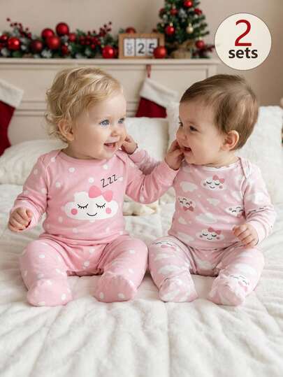 2pcs/Set Cute Cloud Print Sleepwear Set, 2 Pieces Newborn Footed Pajamas, Soft & Comfortable Fabric, Spring/Summer Casual Sleepwear Set, Makes Baby Look Adorable & Lively