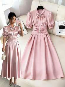 SHEIN Ladiora Women's Pink Satin Stand Collar Tie-Waist Petal Sleeve Ruched Pearls Embellished A-Line Dress, Elegant High-End Design For Commuting, Luxury Slim Fit Spring/Summer - Pink - View 1