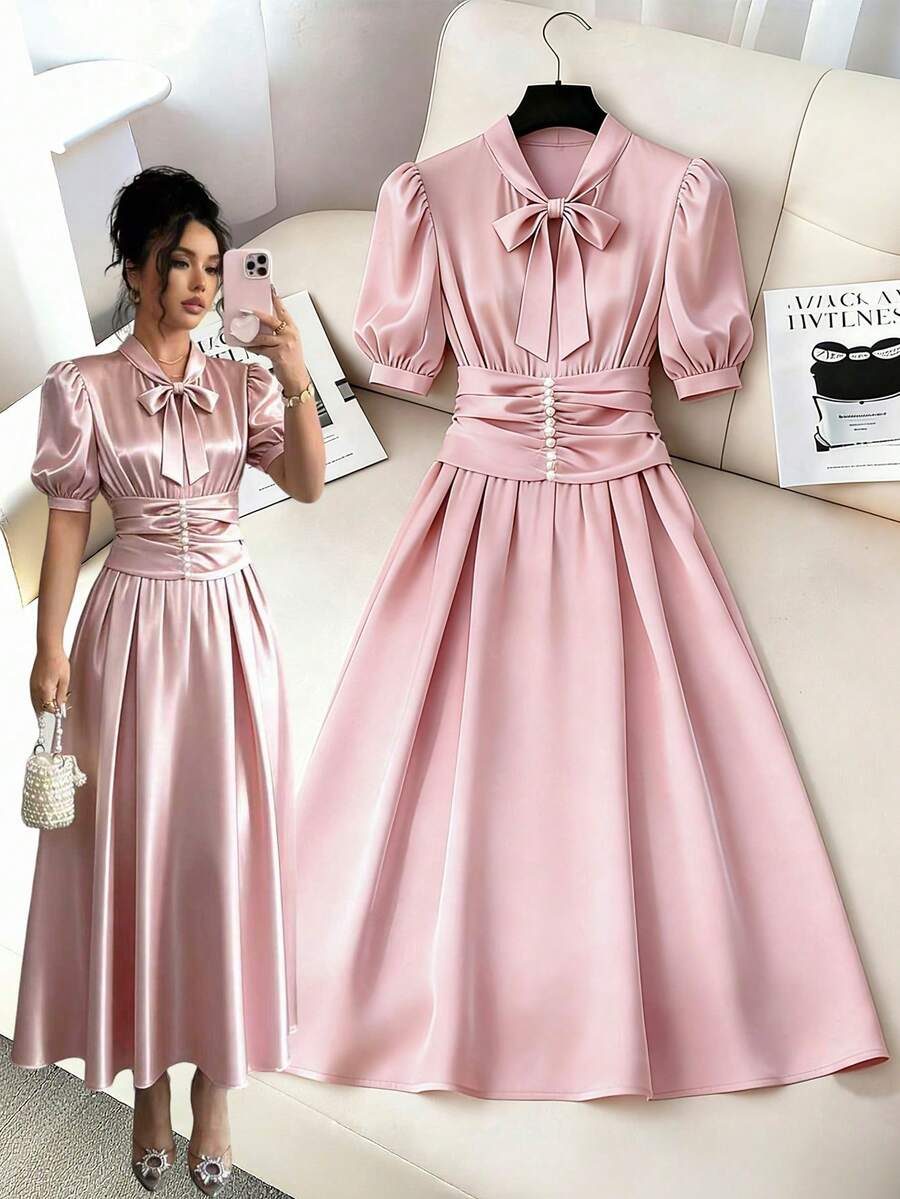 SHEIN Ladiora Women's Pink Satin Stand Collar Tie-Waist Petal Sleeve Ruched Pearls Embellished A-Line Dress, Elegant High-End Design For Commuting, Luxury Slim Fit Spring/Summer - Pink - View 1