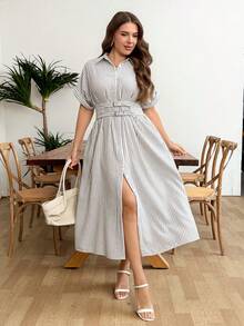 SHEIN LUNE Đầm sơ mi nữ cỡ lớn kẻ sọc tay cánh dơi thiết kế khóa eo kiểu dáng thường ngày - Nhiều màu - Xem 5