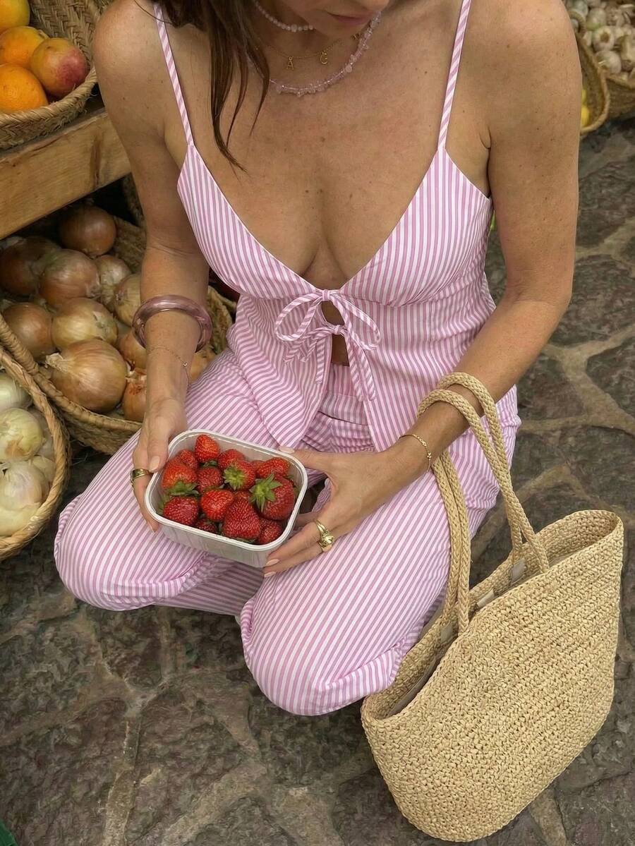 SHEIN Unity 2pcs Striped Cami Tank Top And Wide Leg Pants Set For Women - Pink - View 1