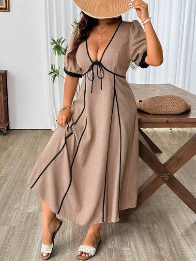 Weeklong Plus Size Women's V-Neck Short Sleeve Bow Tie Front Waist Cinched Colorblock Casual Maxi Dress For Vacation