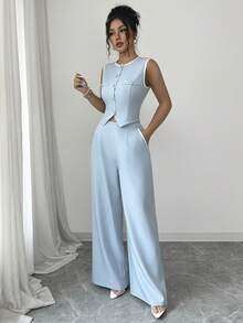 Elenzga 女士蓝色仿口袋设计圆领无袖上衣和阔腿裤两件套，优雅精致，适合情人节、复活节、劳动节、生日、约会、派对、正式场合、教师装、旅行、春季穿着。 - 藍色 - 查看 5