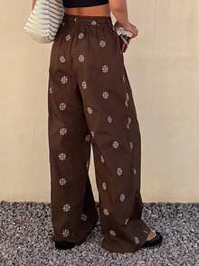 DAZY 女士休闲碎花弹力腰裤，春夏款 - 咖啡棕 - 查看 2