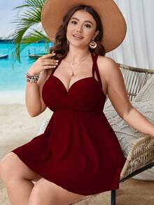 Swim Lushoire Vestido de traje de baño con escote halter y espalda cruzada en unicolor para tallas grandes - Burdeos - Ver 3