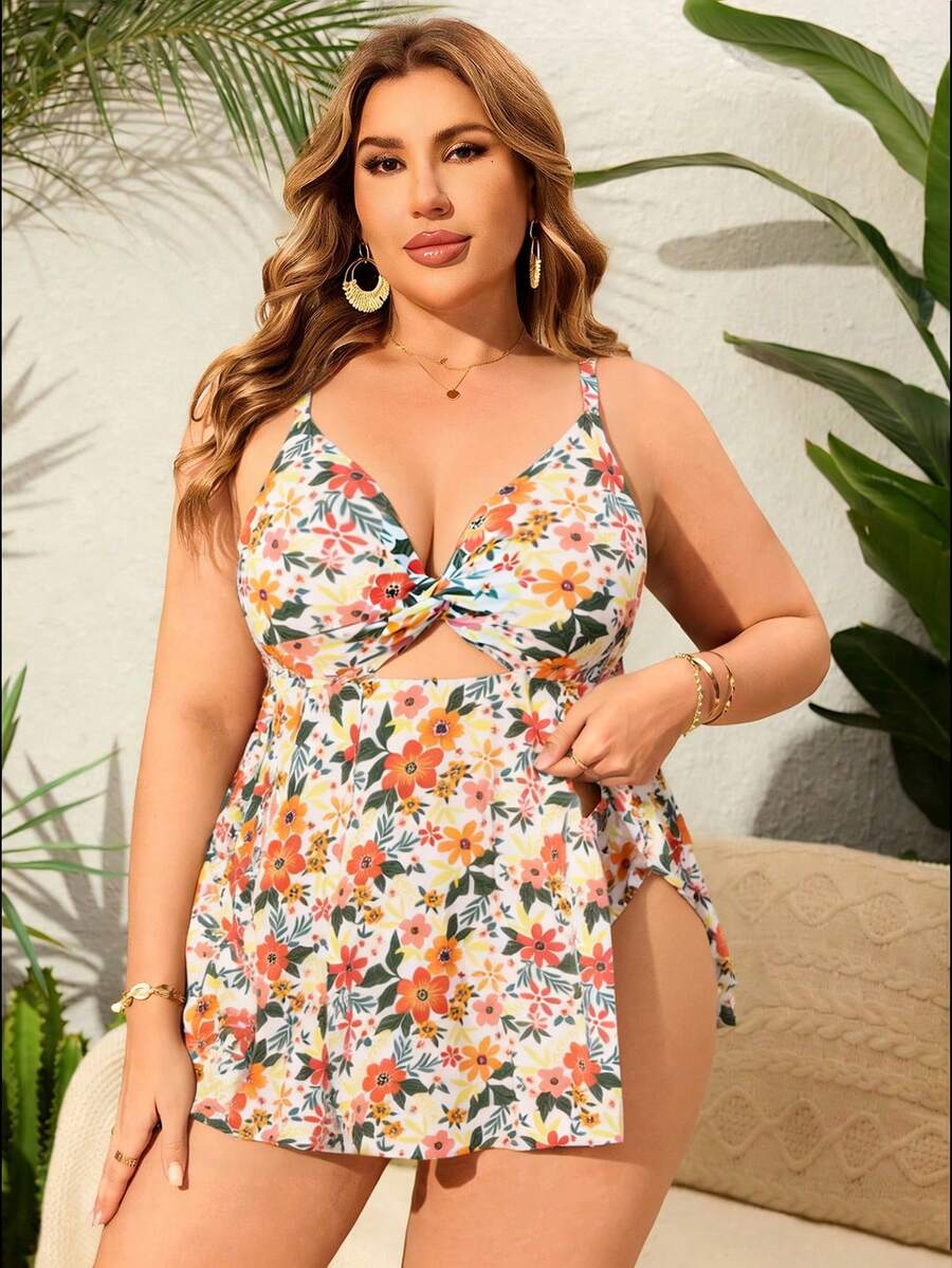 Swim Lushoire Plus Size Women 2pcs Random Line Print Patchwork Modest Slimming High Waist Tankini Swimsuit - White - View 1