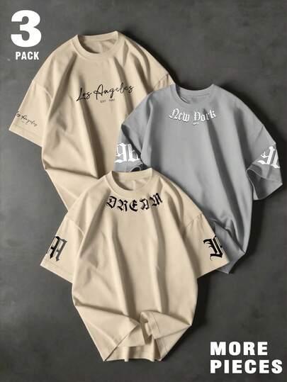 Manfinity EMRG 男士夏季休闲卡其色米色杏色浅蓝色灰色白色洛杉矶纽约梦想之城名称哥特式古英语草书字母 EST 1997 袖子印花图案T恤3件装复古街头嘻哈都市Y2K外出俱乐部派对节日圆领短袖宽松透气T恤，男士字母印花圆领短袖休闲T恤