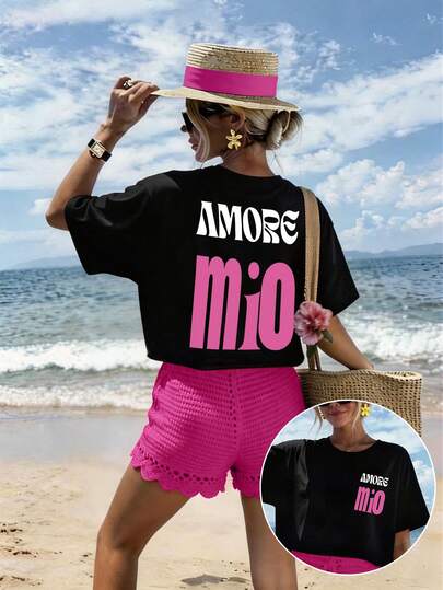 DrmWander Camiseta casual de manga corta con cuello redondo y estampado de letras para mujer de talla grande