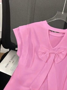 SHEIN Clasi 优雅纯色蝴蝶结装饰镂空T恤，夏季 - 粉色 - 查看 4