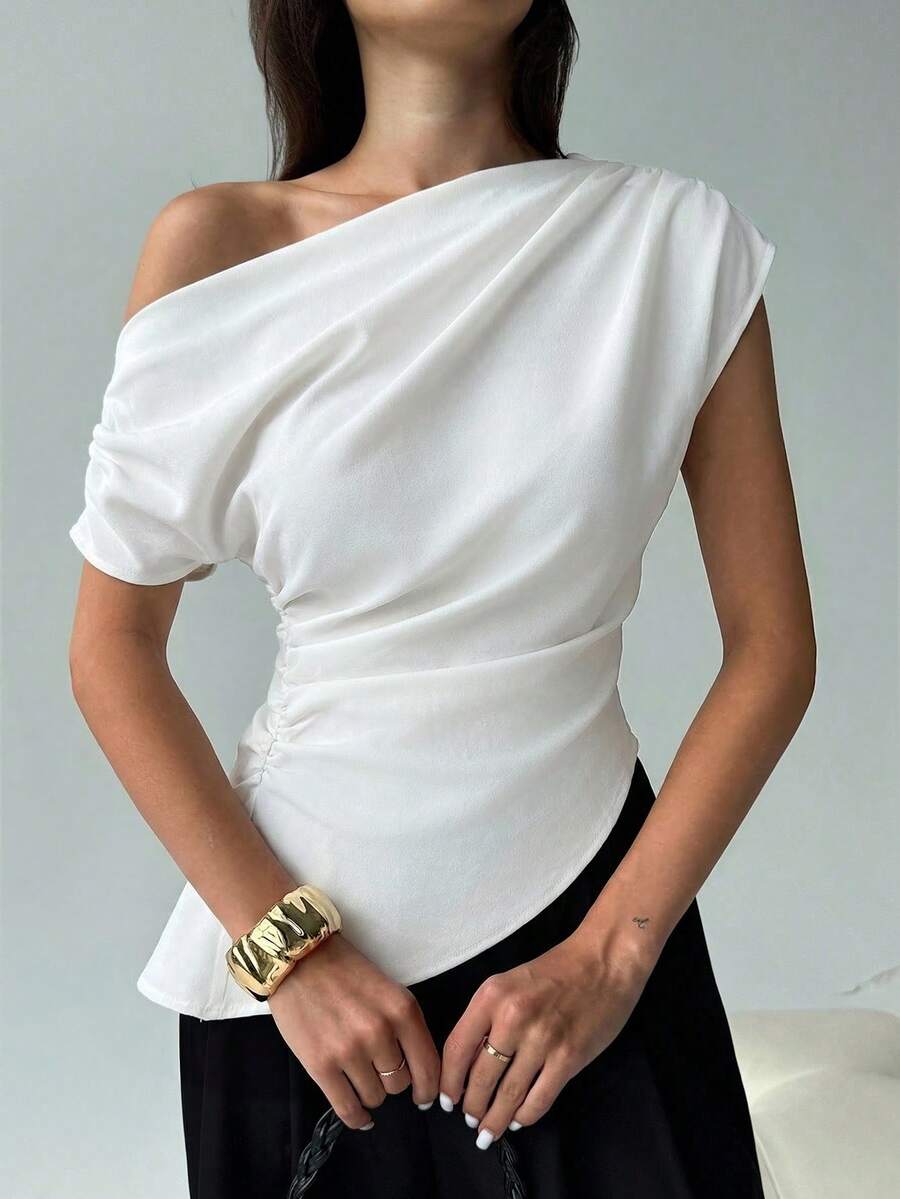 Aloruh Áo kiểu dáng tối giản mới, đa năng, màu xám, thiết kế bất đối xứng, vai nhún bèo, tay ngắn ôm sát. - trắng - Xem 1