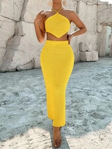 Breezaya Women's Asymmetric Hem Halter Neck Knit Top And Mini Skirt Casual Vacation 2 Pieces Set - Yellow - View 5