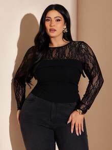 SHEIN BAE 大码女式黑色蕾丝拼接衬衫 - 黑色 - 查看 7