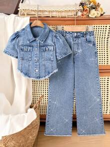 2026春夏新款复古水洗做旧灰蓝色牛仔拼接露腰两件套，女童翻领短袖上衣+高腰阔腿毛边牛仔裤，休闲酷炫个性校园假期街头风百搭品牌套装 - 淺色水洗藍 - 查看 1
