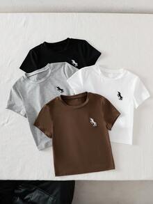 5 piezas Camiseta para niñas preadolescentes con diseño de manga corta y fruncido en la cintura, informal y versátil para deportes, primavera/verano - Multicolor - Ver 4