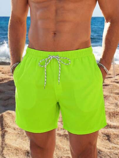 VIVINTIMO 男士纯色口袋抽绳腰沙滩短裤，适合夏季，夏威夷风