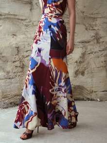 MOTF PREMIUM WOMEN'S LINEN PRINTED MERMAID HEM SKIRT - Multicolor - View 4