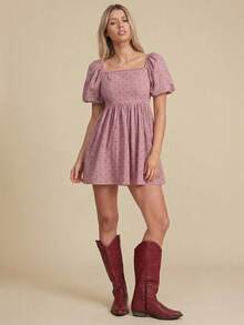 WESTFADE 心形刺绣方领泡泡袖修身喇叭迷你连衣裙 - 粉色 - 查看 2