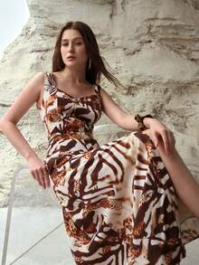MOTF PREMIUM WOMEN'S LINEN ALL OVER PRINTED WAIST CINCHED FLARED DRESS, SPRING/SUMMER - Brown - View 3