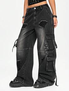 ROMWE Grunge Punk Women's Oversized Distressed Washed Denim Jeans - Black - View 5