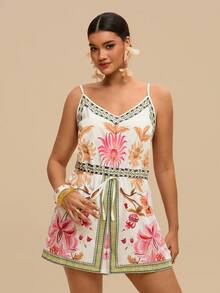 Travachic Bộ jumpsuit nữ cổ chữ V, eo thon, tay ngắn, dáng rộng, họa tiết hoa, thanh lịch, thích hợp mặc hàng ngày, đi nghỉ mát, đi biển, mùa xuân/hè, cỡ lớn. - Nhiều màu - Xem 4