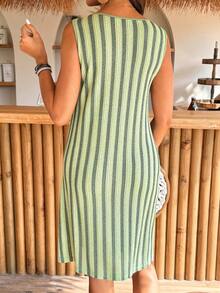 SHEIN 孕妇条纹圆领休闲无袖连衣裙 - 綠色 - 查看 2