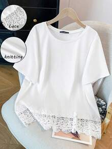 GlowEve CURVE 女士加大码简约圆领短袖新款宽松下摆镂空烧花图案百搭纯色T恤外出上衣夏季印花T恤 - 白色 - 查看 5
