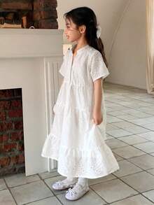 Dazy Kids 少女寬鬆休閒度假風中長洋裝，夏季新款陽光洋裝 - 白色 - 查看 5