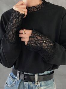 FRIFUL Einfarbiges Patchwork-Tüll-Polka-Dot-Mesh-Stoff, lässiges, vielseitiges T-Shirt für den Sommer - Schwarz - Übersicht 4