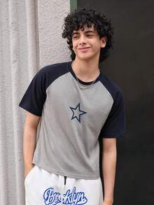 Open Phase 男士T恤圓領短袖短款圖案T恤，夏季休閒性感純棉 - 灰色 - 查看 1